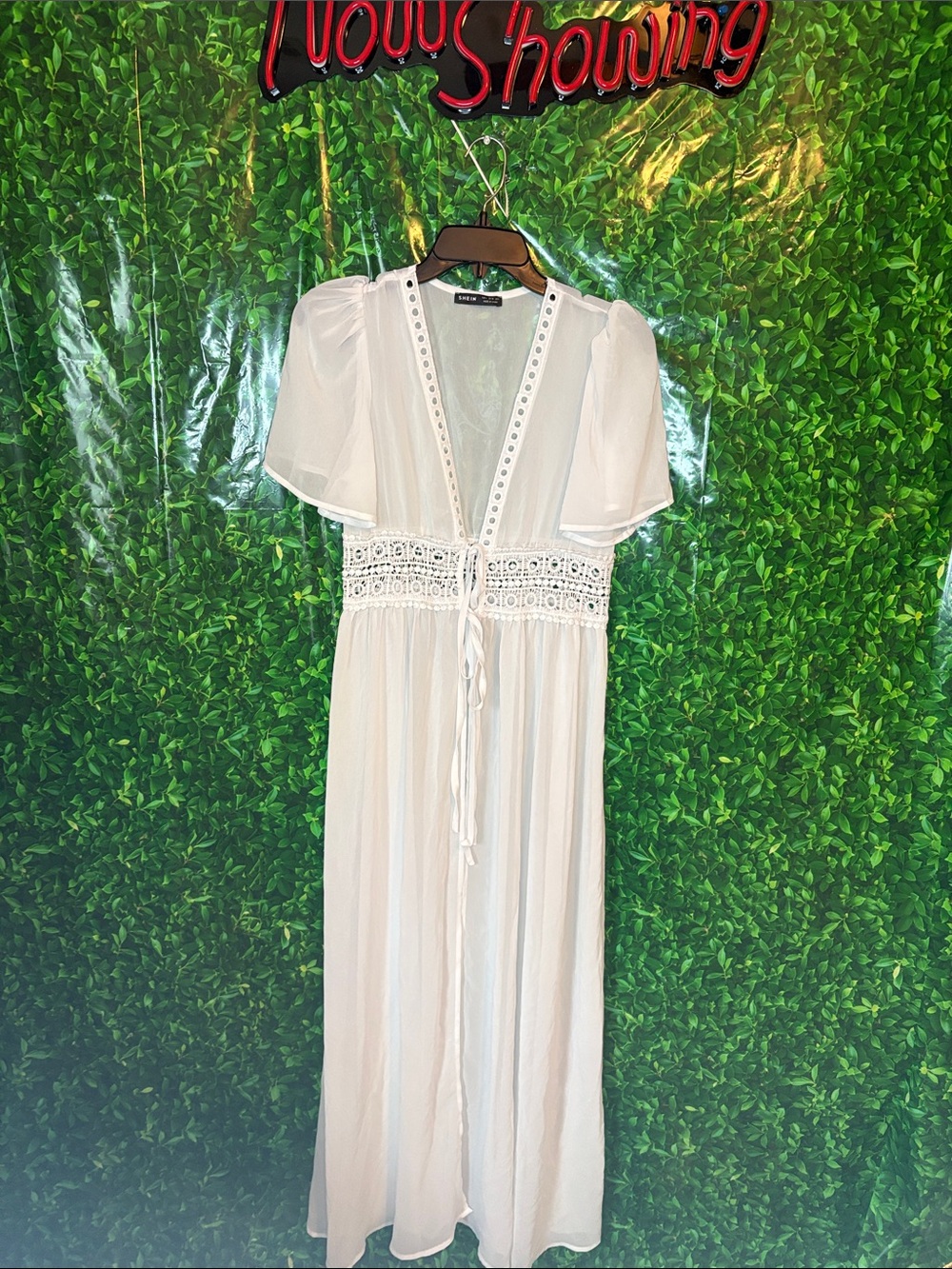 SHEIN White Sheer Lace-Trim Maxi Robe with Tie Waist